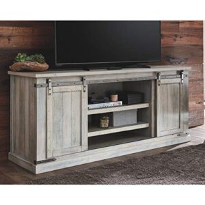 Signature Design by Ashley Carynhurst Modern Farmhouse TV Stand Fits TVs up to 68", Sliding Barn Doors with Adjustable Storage Shelves, Whitewash