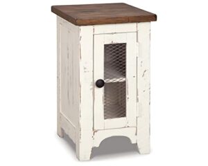 signature design by ashley wystfield farmhouse chair side end table with cabinet door for storage, white & brown with distressed finish
