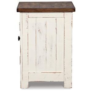 Signature Design by Ashley Wystfield Farmhouse Chair Side End Table with Cabinet Door for Storage, White & Brown with Distressed Finish