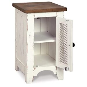 Signature Design by Ashley Wystfield Farmhouse Chair Side End Table with Cabinet Door for Storage, White & Brown with Distressed Finish