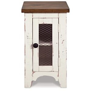 Signature Design by Ashley Wystfield Farmhouse Chair Side End Table with Cabinet Door for Storage, White & Brown with Distressed Finish