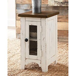 Signature Design by Ashley Wystfield Farmhouse Chair Side End Table with Cabinet Door for Storage, White & Brown with Distressed Finish