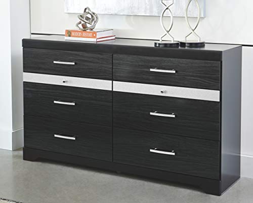 Signature Design by Ashley Starberry Glam 6 Drawer Dresser with Silvertone Glitter Accents & 2 Felt-Lined Jewelry Drawers, Black