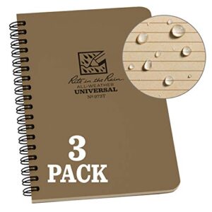 rite in the rain weatherproof side spiral notebook, 4.625" x 7", tan cover, universal pattern, 3 pack (no. 973tl3)