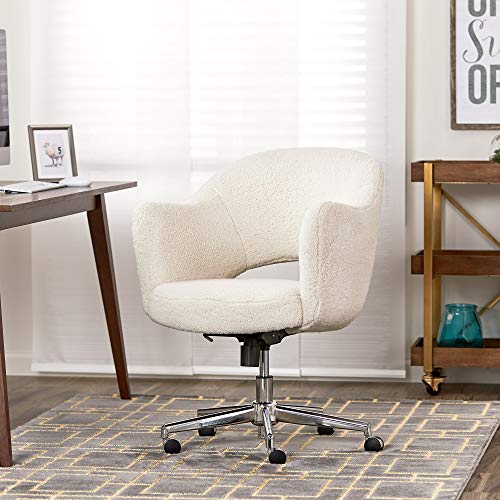 Serta Valetta Office Desk Memory Foam Padding, Midcentury Modern Style, Chrome-Finished Stainless-Steel Base, Home Chair, Cream Fuzzy Faux Fur