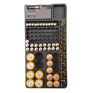 wall mounted battery organizer with built-in tester | dimensions: 13.8" x 6.9" x 1.7" | holds 98 batteries | wall mounted | battery tester