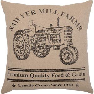 VHC Brands Sawyer Mill Graphic/Print Chambray Cotton Farmhouse Stenciled Square Pillow 18x18 Filled Bedding Accessory, Tractor Charcoal