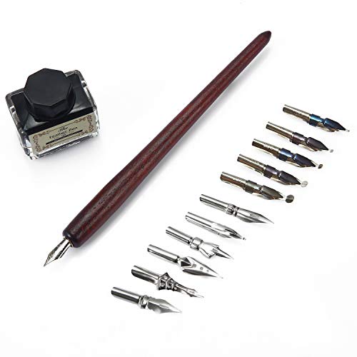 Calligraphy Pens Set -Wooden Dip Pen Handcrafted Calligraphy Set with 11 Nibs & Black Ink