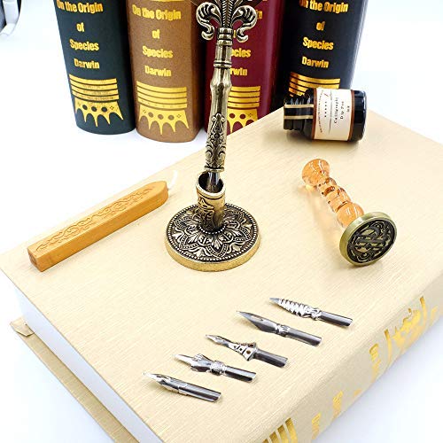 GC QUILL MU-03 Quill Pen Set Unique Half-Patterned Feather Pen Gift Set with 6 Nibs 1 Calligraphy Ink 1 Wax Seal Stamp 1 Pen Holder 1 Sealing Wax, Gift for Writers Kids Students