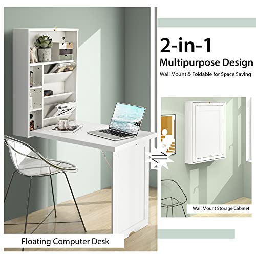 Tangkula Wall Mounted Desk, Fold Out Convertible Floating , Multi-Function Murphy Desk for Home Office, Space Saving Computer / Hanging Desk, Table with Storage Area