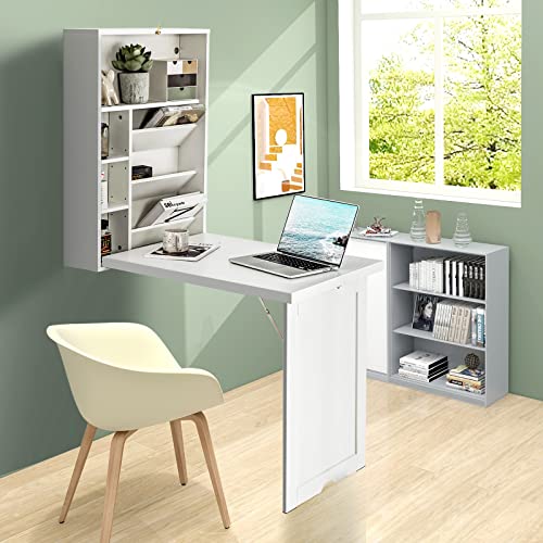 Tangkula Wall Mounted Desk, Fold Out Convertible Floating , Multi-Function Murphy Desk for Home Office, Space Saving Computer / Hanging Desk, Table with Storage Area