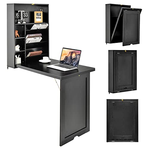 Tangkula Wall Mounted Desk, Fold Out Convertible Floating Desk, Multi-Function Murphy Desk for Home Office, Space Saving Computer Desk Hanging Table with Storage Area (Black)