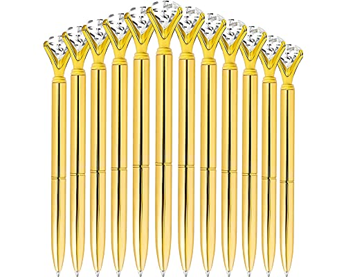 ETCBUYS Diamond Gold Metal Pens - Ballpoint Pens for Bridesmaids Gifts, Gold Fancy Pens, Office Decor for Women, Pens with Diamonds on Top | Metal Crystal Pen | Black Ink 12 Diamond Pens