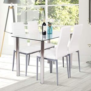 tangkula dining table set, 5 pcs modern tempered glass top pvc leather chair dining table and chairs set dining room kitchen furniture, white