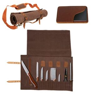 prechepro (us based company chef knife roll bag with 10 pockets, tool pouch and leather card holder - chef knife bag - handmade craftsmanship - rugged industrial quality - bag only - no knives