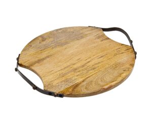 godinger wood serving tray, charcuterie platter cheese board with metal handles - round - large