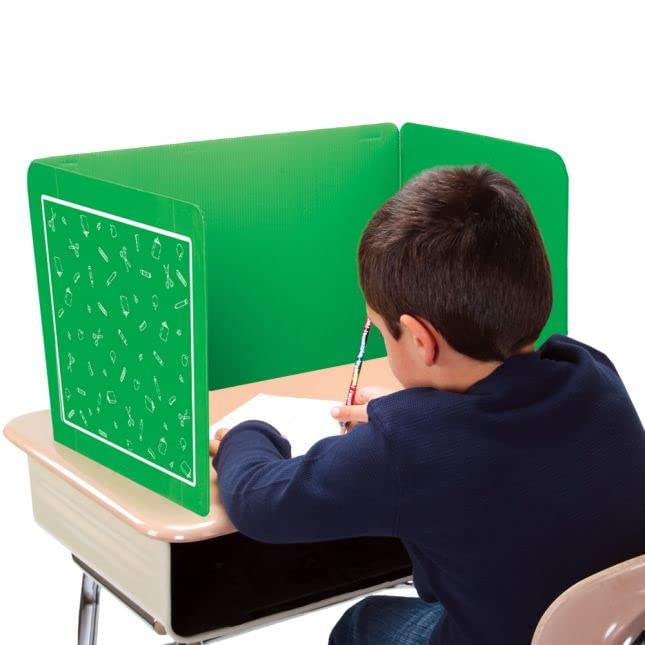 Really Good Stuff Plastic Privacy Shields for Student Desks – Set of 6 - Standard - Study Carrel Reduces Distractions - Keep Eyes from Wandering During Tests, Green with School Supplies Pattern