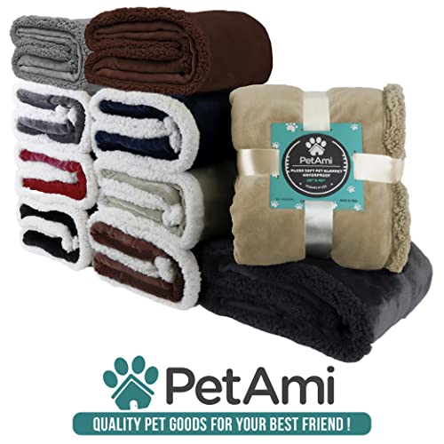 PetAmi Waterproof Dog Blanket for Bed, XL Dog Pet Blanket Couch Cover Protection, Sherpa Fleece Leakproof Bed Blanket for Crate Kennel Sofa Furniture Protector, Reversible Soft Plush 80x60 Grey Grey