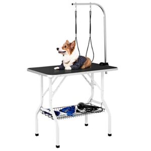 yaheetech 36'' dog grooming table, pet foldable grooming table w/double loops/mesh tray/ adjustable arm, black