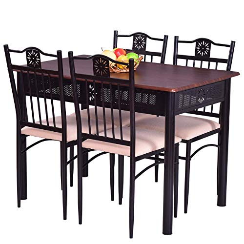 Casart 5 PCS Dining Table and Chairs Set Vintage Retro Wood Top Metal Frame Padded Seat Dining Table Set Home Kitchen Dining Room Furniture