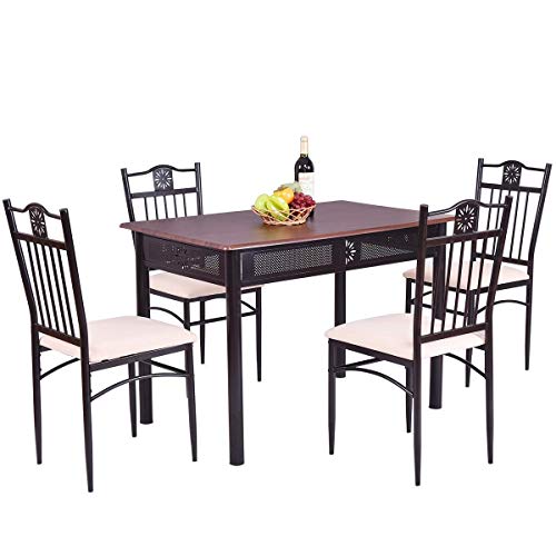 Casart 5 PCS Dining Table and Chairs Set Vintage Retro Wood Top Metal Frame Padded Seat Dining Table Set Home Kitchen Dining Room Furniture