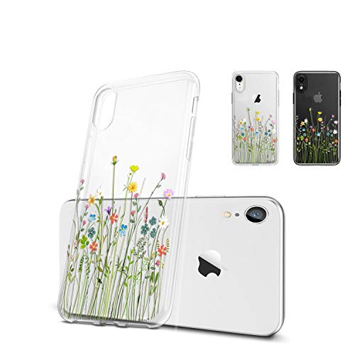 Unov Case Compatible with iPhone XR Case Clear with Design Slim Protective Soft TPU Bumper Embossed Pattern 6.1 Inch (Flower Bouquet)