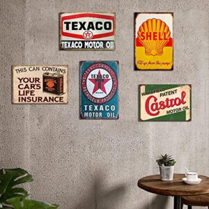 FlowerBeads 5PCS GAS Motor Oil Antique Tin Signs, Vintage Garage Man Cave Retro Posters Bar Pub Wall Decor - 20X30cm