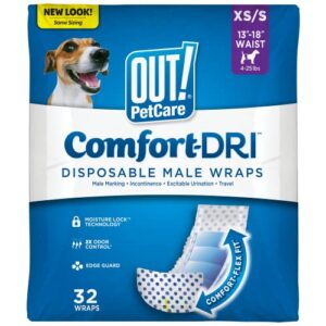 out! pet care disposable male dog wraps - absorbent male wraps with leak proof fit - xs/small (waist 13-18in) - 32 count