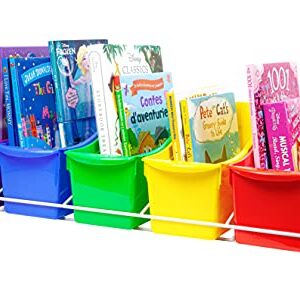 Storex Large Book Bins, Set of 5, Metal Shelf Rack Included, Assorted Colors (71125U01C)