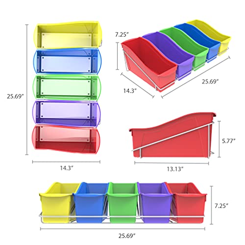 Storex Large Book Bins, Set of 5, Metal Shelf Rack Included, Assorted Colors (71125U01C)