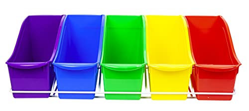 Storex Large Book Bins, Set of 5, Metal Shelf Rack Included, Assorted Colors (71125U01C)