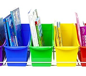 Storex Large Book Bins, Set of 5, Metal Shelf Rack Included, Assorted Colors (71125U01C)