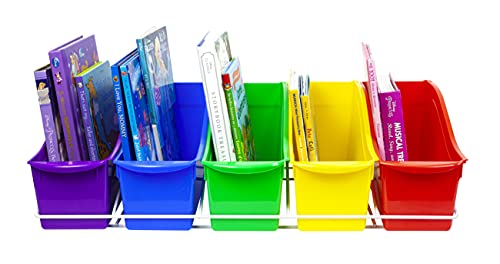 Storex Large Book Bins, Set of 5, Metal Shelf Rack Included, Assorted Colors (71125U01C)