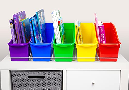 Storex Large Book Bins, Set of 5, Metal Shelf Rack Included, Assorted Colors (71125U01C)