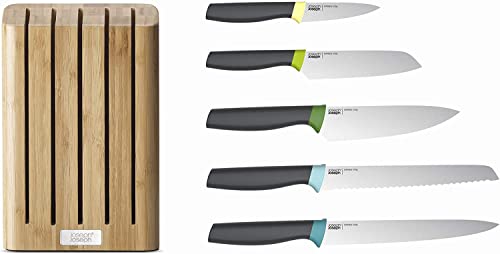 Joseph Joseph 10300 Elevate Knife Set with Slimline Bamboo Block Japanese Stainless Steel, Opal, 6-piece