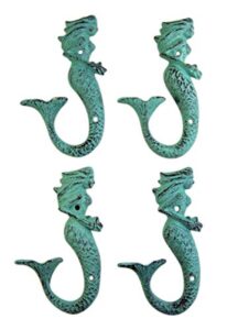 patina green cast iron mermaid wall hook 6 inch (set of 4)