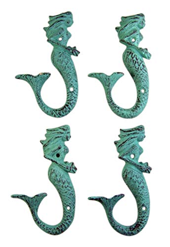 Patina Green Cast Iron Mermaid Wall Hook 6 Inch (Set of 4)