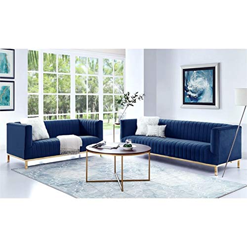 Posh Living Hayden Velvet Tuxedo Sofa with Y-Metal Base in Navy Blue/Gold