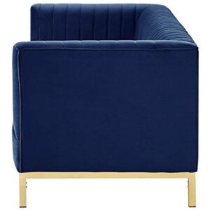 Posh Living Hayden Velvet Tuxedo Sofa with Y-Metal Base in Navy Blue/Gold