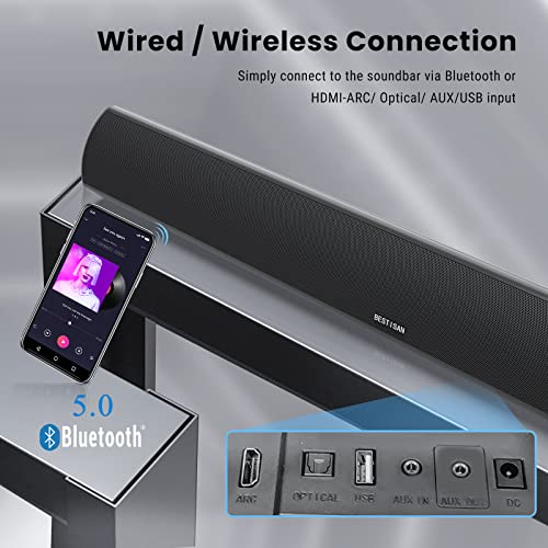 Sound Bar, Bestisan 80W Home Theater Soundbar System with HDMI-ARC Function, Wired and Wireless Bluetooth 5.0 Audio Speaker (Treble/Bass Adjustable,34-Inch, Wall mountable)