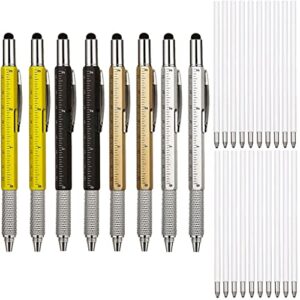 8 pieces gift pen for men 6 in 1 multitool tech tool pen screwdriver pen with ruler, levelgauge, ballpoint pen and pen refills, unique gifts for men (gold, black, silver, yellow)
