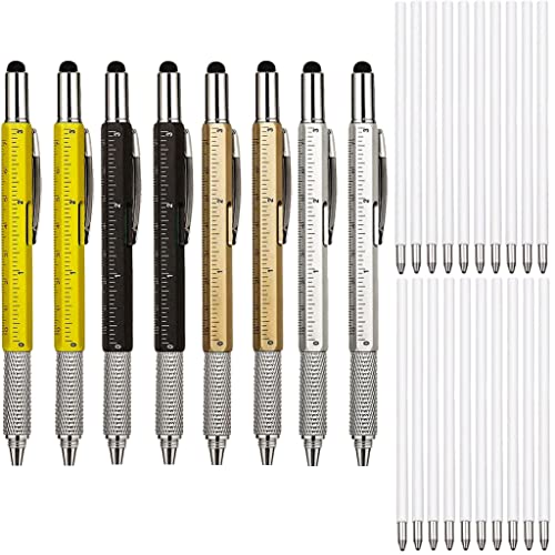 8 Pieces Gift Pen for Men 6 in 1 Multitool Tech Tool Pen Screwdriver Pen with Ruler, Levelgauge, Ballpoint Pen and Pen Refills, Unique Gifts for Men (Gold, Black, Silver, Yellow)