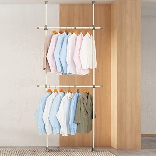 Adjustable Clothing Rack, Double Rod Clothing Rack, 2 Tier Clothes Rack, Adjustable Hanger for Hanging Clothes, White Clothing Rack, Heavy Duty Garment Rack, Closet Rack, Freestanding, 220Lbs