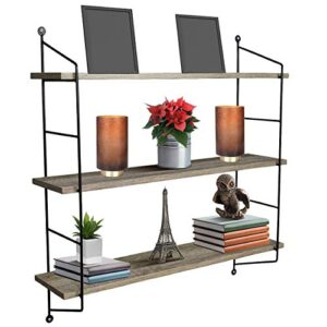 sorbus® floating shelf with metal brackets — wall mounted rustic wood wall storage, decorative hanging display for trophy, photo frames, collectibles, and much more (3-tier – grey)