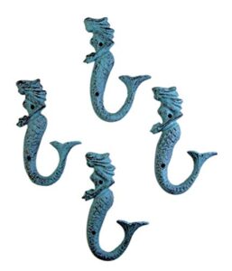 aqua blue cast iron mermaid wall hook 5 3/4 inch (set of 4)