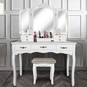 enstver vanity beauty station,tri-folding mirrors,6 organization 7 drawers makeup dress table with cushioned stool-white