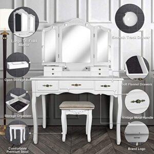 ENSTVER Vanity Beauty Station,Tri-Folding Mirrors,6 Organization 7 Drawers Makeup Dress Table with Cushioned Stool-White