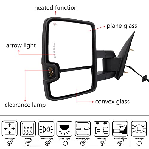 Perfit Zone TOWING MIRROR Replacement Pair Fit For SILVERADO SIERRA 2014, 2015,2016, 2017, 2018 with Power heated,Amber Signal Clearance Led Arrow Light