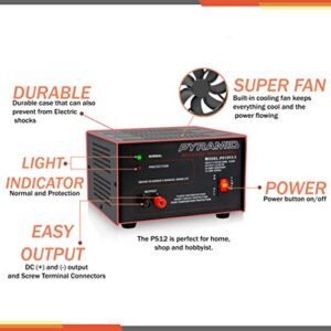 Pyramid Universal Compact Bench Power Supply - 10 Amp Linear Regulated Home Lab Benchtop AC-to-DC 12V Converter w/ 13.8 Volt DC 115V AC 250 Watt Input, Screw Type Terminals, Cooling Fan, LED