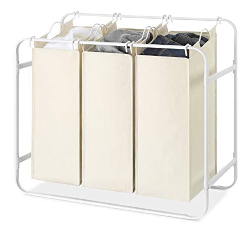 Whitmor Retro Triple 3 Removable Bags-White & Canvas Laundry Sorter, White/Canvas